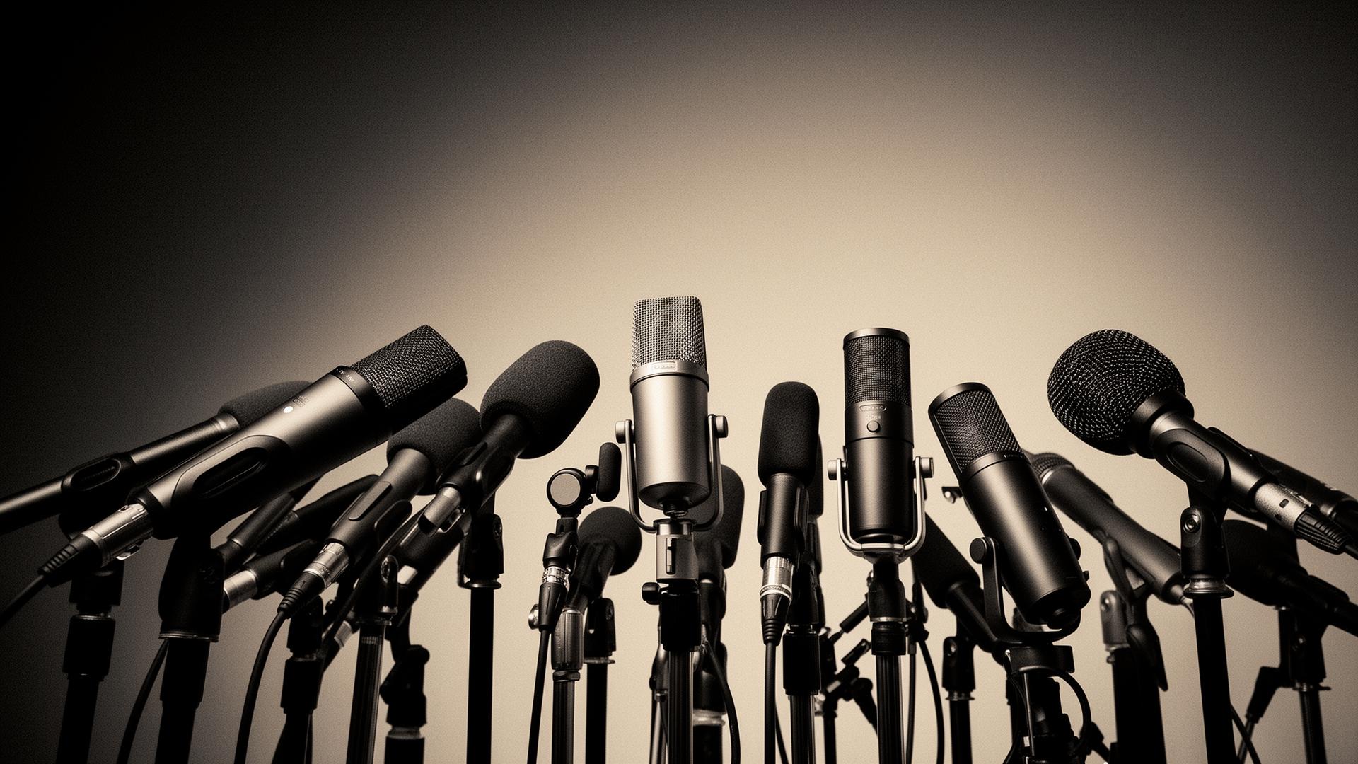 Cluster of broadcast and podcast microphones, editorial black and white