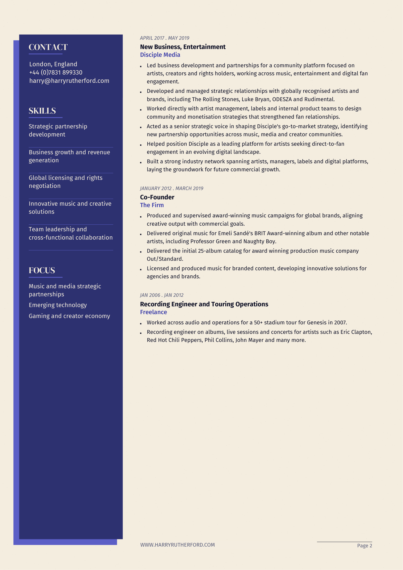 Harry Rutherford CV — page 2